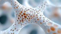 Microscopic view of organic cellular structure with orange spherical particles inside white mesh network. Abstract scientific background for medical research.