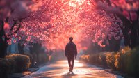 Silhouette of person walking alone on path under blooming cherry trees at sunset, creating magical pink atmosphere with bokeh lights and spring blossoms.