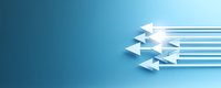 White directional arrows moving in parallel formation against gradient blue background, representing business growth, leadership and forward momentum.