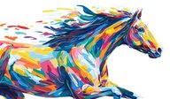 Colorful abstract horse in motion with vibrant brushstrokes of blue, yellow, pink, and orange against white background. Dynamic equine art for modern decor.