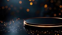 Glowing golden ring platform with magical sparkles and bokeh lights on dark background, modern luxury product display stage for presentations.