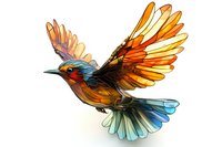 Vibrant songbird in flight with spread wings featuring orange, blue and turquoise gradient coloring on white background, artistic nature illustration.