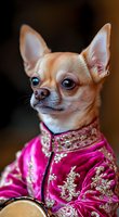 Chihuahua dog wearing bright pink traditional Asian style embroidered jacket with gold floral pattern, looking sideways against dark background. Pet fashion portrait.