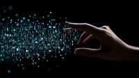 Human hand touching digital data stream with glowing blue binary code particles flowing on black background, concept of digital transformation and technology.