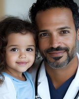 Hispanic male doctor with stethoscope holding young daughter in medical office setting for healthcare family bonding concepts.