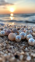 Scattered pearls on sandy beach at sunset with bokeh light reflections on ocean waves, creating romantic coastal atmosphere with natural golden lighting.