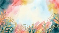 Watercolor floral background with golden botanical leaves, soft pastel pink, teal, and coral washes, elegant art frame for cards and invitations.