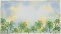 Watercolor shamrock border with soft pastel sky background, green clover leaves framing copy space for St. Patricks Day greeting cards.