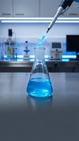 Laboratory pipette adding blue solution to conical flask in modern research facility with scientific equipment and LED lighting for chemistry experiments.