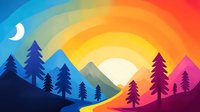 Vibrant mountain landscape at sunset with colorful gradient sky, pine trees silhouettes, crescent moon, and winding path through valley in minimalist style.