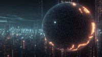 Futuristic megastructure sphere with glowing energy ring floating above night cityscape. Cyberpunk urban landscape with neon lights and towering skyscrapers in dark atmosphere.