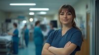 Young female medical professional in blue scrubs standing confidently with arms crossed in hospital corridor, with blurred medical staff in background. Healthcare setting.