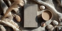 Minimalist flat lay with blank beige book, coffee cup, pampas grass, and smooth stones on neutral linen fabric. Aesthetic composition for lifestyle content.