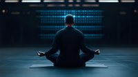 Silhouette of businessman meditating in lotus position on yoga mat against digital wall display, back view in dark room with blue technology background.