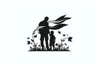 Black silhouette of parent and child standing among wildflowers and butterflies, wind blowing ribbons and grass. Isolated design element on white background.