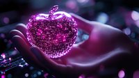 Magical glowing pink apple made of sparkles and light particles floating above open palm against dark background with bokeh lights and mystical atmosphere.