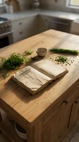Wooden kitchen island countertop with open cookbook, fresh dill and chives herbs, small bowl of spices, modern kitchen interior background. Cooking preparation.