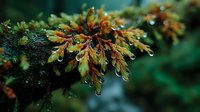 Colorful seaweed fronds with water droplets growing on rocky surface in marine underwater environment. Natural aquatic plant life in ocean habitat.