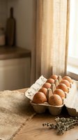 Fresh brown eggs in cardboard carton on rustic kitchen counter with natural sunlight streaming through window creating warm morning atmosphere.