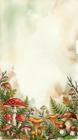 Watercolor forest floor with red and brown mushrooms, toadstools, ferns, and moss on cream background, isolated design element for stationery, invitations, and woodland-themed projects.