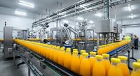 Automated beverage production line with orange juice bottles moving through industrial filling and packaging machinery in modern factory facility.