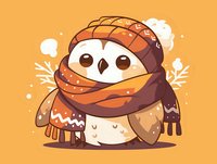 Adorable cartoon owl wearing winter knit hat and scarf with snow falling on orange background, isolated character for stickers, greeting cards and children designs.