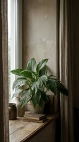 Lush green houseplant with striped leaves sits on wooden windowsill beside stacked books in warm natural light creating cozy indoor botanical atmosphere.