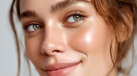 Close-up portrait of young Caucasian woman with natural makeup, glowing skin, and light eyes smiling softly against neutral background.