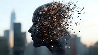Dark human head silhouette disintegrating into particles against urban skyline, representing mental health challenges or digital transformation.