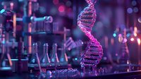 Glowing pink DNA helix structure floating in dark laboratory setting with test tubes and scientific equipment, perfect for genetics research and biotechnology concepts.