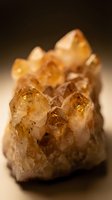 Cluster of golden-brown citrine quartz crystals with translucent faceted points and natural inclusions, displayed against neutral background for mineral collection and geology education.