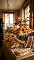 Rustic bakery interior with fresh croissants and artisan bread displayed on wooden shelves. Warm lighting creates cozy atmosphere for food business.
