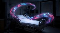 Magical energy streams flowing around hospital bed in dark medical room with glowing pink and blue light effects creating mystical healing atmosphere.