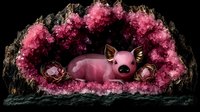 Pink pig figurine nestled in vibrant pink crystal geode cave formation against dark background, creating magical mineral art display for home decor and collectors.