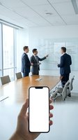 Business professionals in modern conference room with smartphone mockup for app presentation and corporate strategy planning.