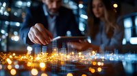 Business professionals analyzing futuristic city hologram projection on dark table with glowing lights and bokeh effects, showing urban development planning.