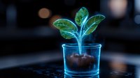 Young green plant seedling growing in glass pot with glowing blue neon light effect against dark background, concept of growth, innovation and future technology.