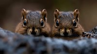 Two young squirrels with brown fur and alert expressions peer over a wooden log, displaying curious and playful behavior in natural outdoor setting.