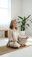 Mature woman practicing yoga meditation in lotus pose at home with houseplant in bright modern living room for wellness and mindfulness lifestyle.
