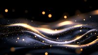 Glowing golden waves with sparkles flow across dark background creating magical atmosphere with bokeh lights and shimmering particles in space.