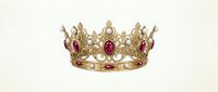 Golden royal crown with red rubies and ornate metalwork isolated on white background for luxury design projects.
