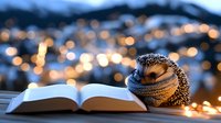 Cozy hedgehog wearing knitted scarf reading open book against blurred winter evening cityscape with bokeh lights, magical atmosphere for holiday cards.