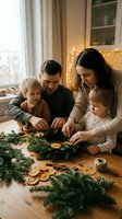Young Caucasian family making Christmas wreath with dried oranges and cinnamon at wooden table, cozy holiday home decor crafting together.