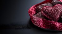 Romantic dark chocolate pralines in glittery red heart-shaped box with sparkly decoration against black background, Valentine's day sweets and confectionery concept.