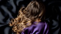 Young woman with long wavy ombre hair in blonde and brown shades wearing purple silk blouse, back view against dark background. Professional hairstyle concept.