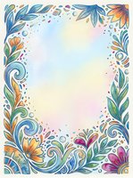 Colorful watercolor floral border frame with swirls, leaves, and flowers surrounding a soft pastel center, perfect for cards and invitations.