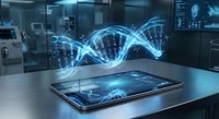 Digital tablet displaying holographic DNA double helix with glowing data streams in modern laboratory setting for biotechnology research applications.