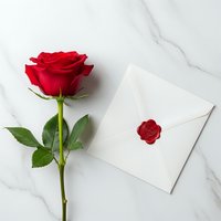 Single red rose with green stem and leaves next to white envelope with red wax seal on marble surface for romantic correspondence and love letters.
