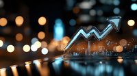 Glowing blue financial chart with upward arrow trend against blurred city lights background, reflecting modern business growth and market success analysis.