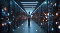 Person standing in modern data center server room with glowing lights and bokeh effects creating futuristic atmosphere for technology and cloud computing concepts.